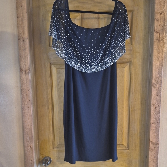 MSK Dresses & Skirts - MSK Midnight Blue Elegant Evening  Dress Embellished Attached Sheer Cape Large